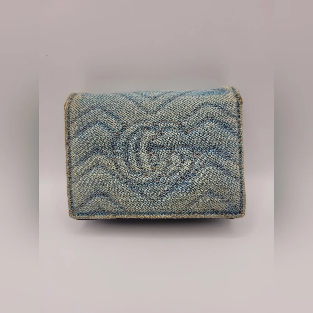 GUCCI Blue Quilted Denim Pearl GG Marmont Small Flap Wallet Card Case